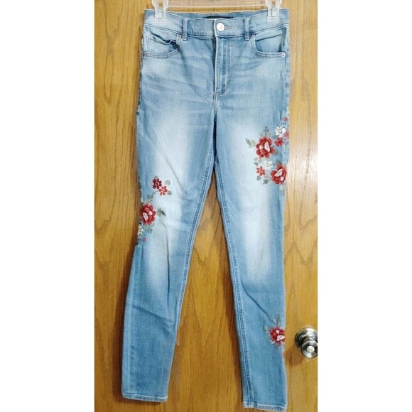 Express 2R Jeans Blue Denim Floral Embroidery Festival Boho High Leggings - Picture 1 of 11